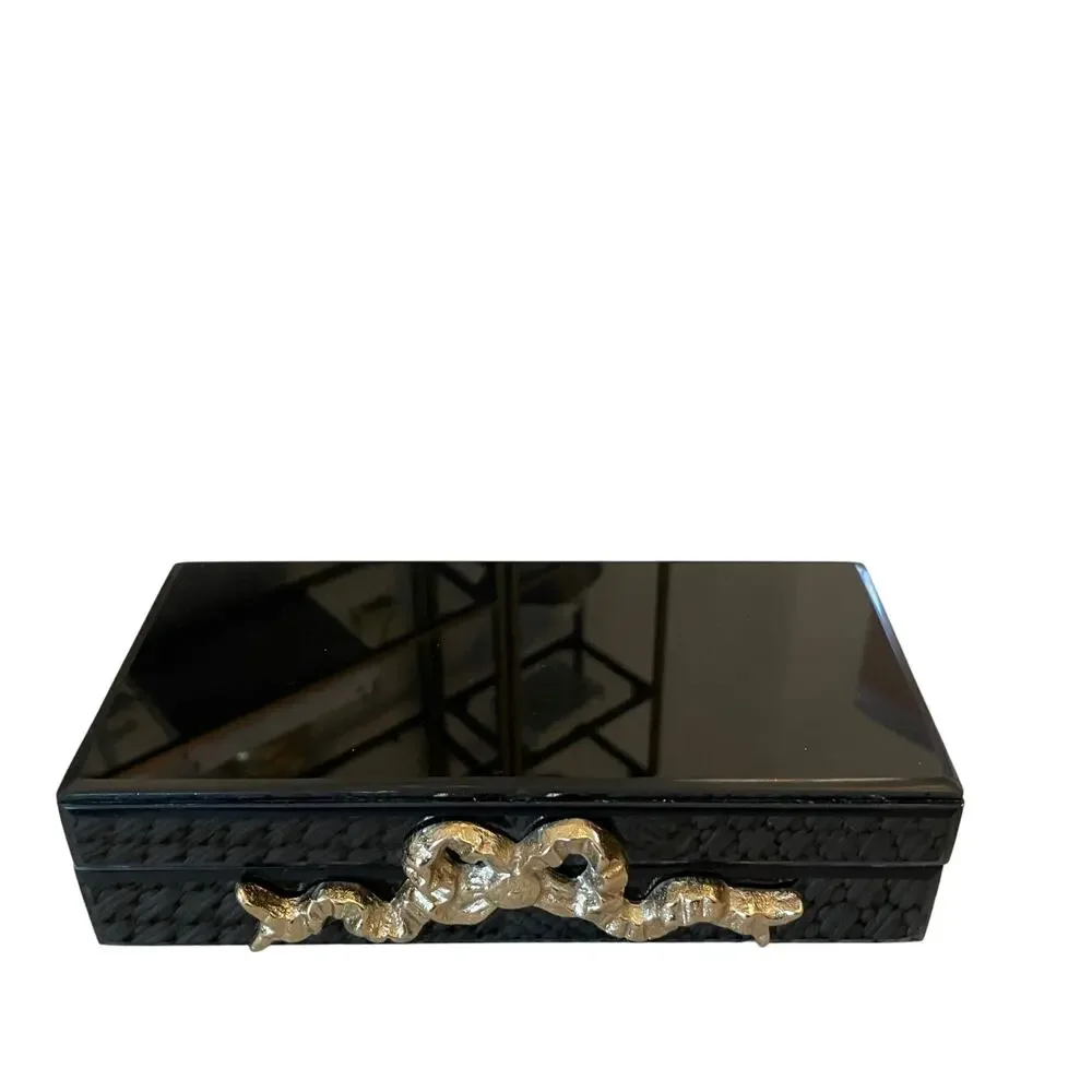 Black Lacquered Box with Gold Bow Motif 8.5 x 4.5 Made in India NEW